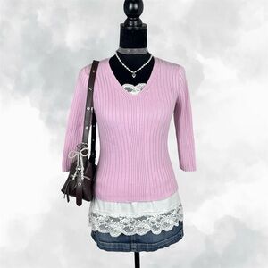 bossini ladies casual pink ribbed knit sweater w v neck & 3/4 sleeves